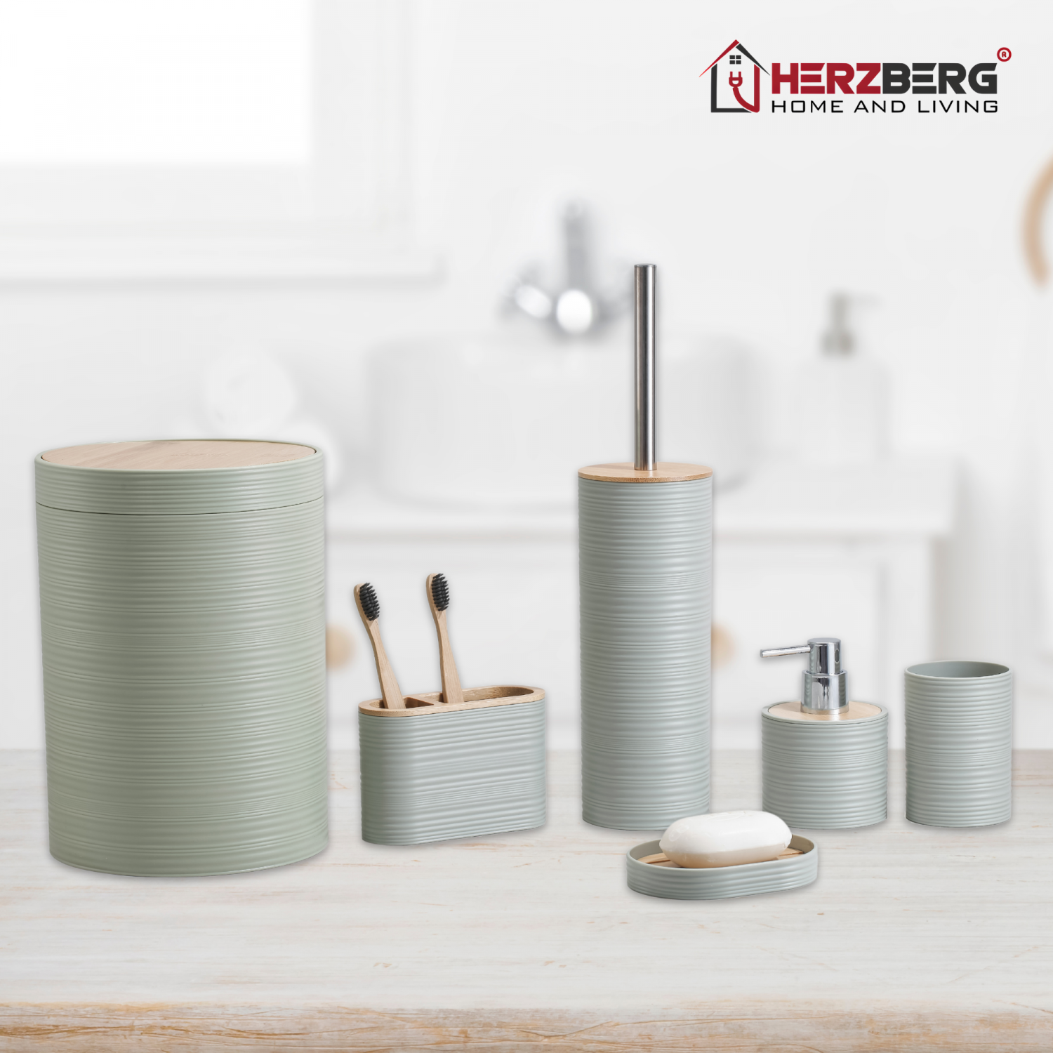 Herzberg HG-04449: 6 Pieces Bamboo Bathroom Set - Sage Green