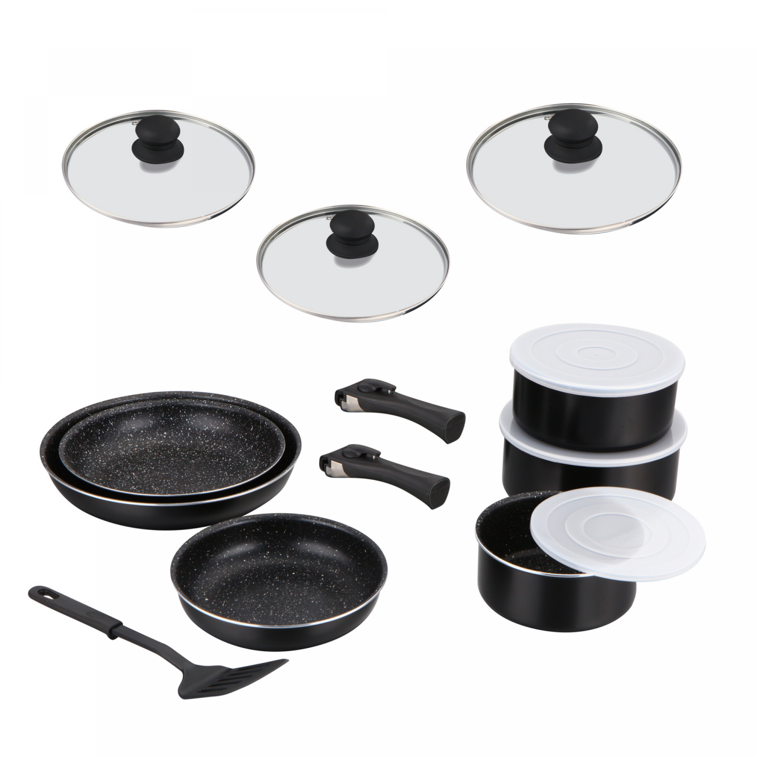 Herzberg HG-8091-15BK: 15 Pieces Marble Coated Cookware Set
