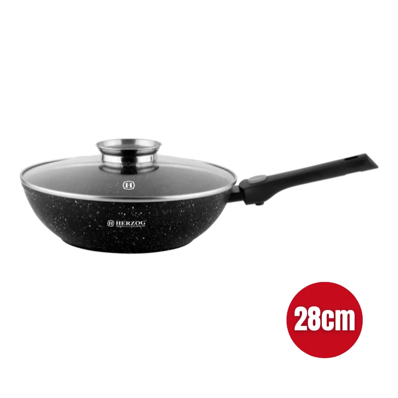 Herzog HR-3617: 28cm Marble Coated Wok with Aroma Knob Lid & Removable Handle