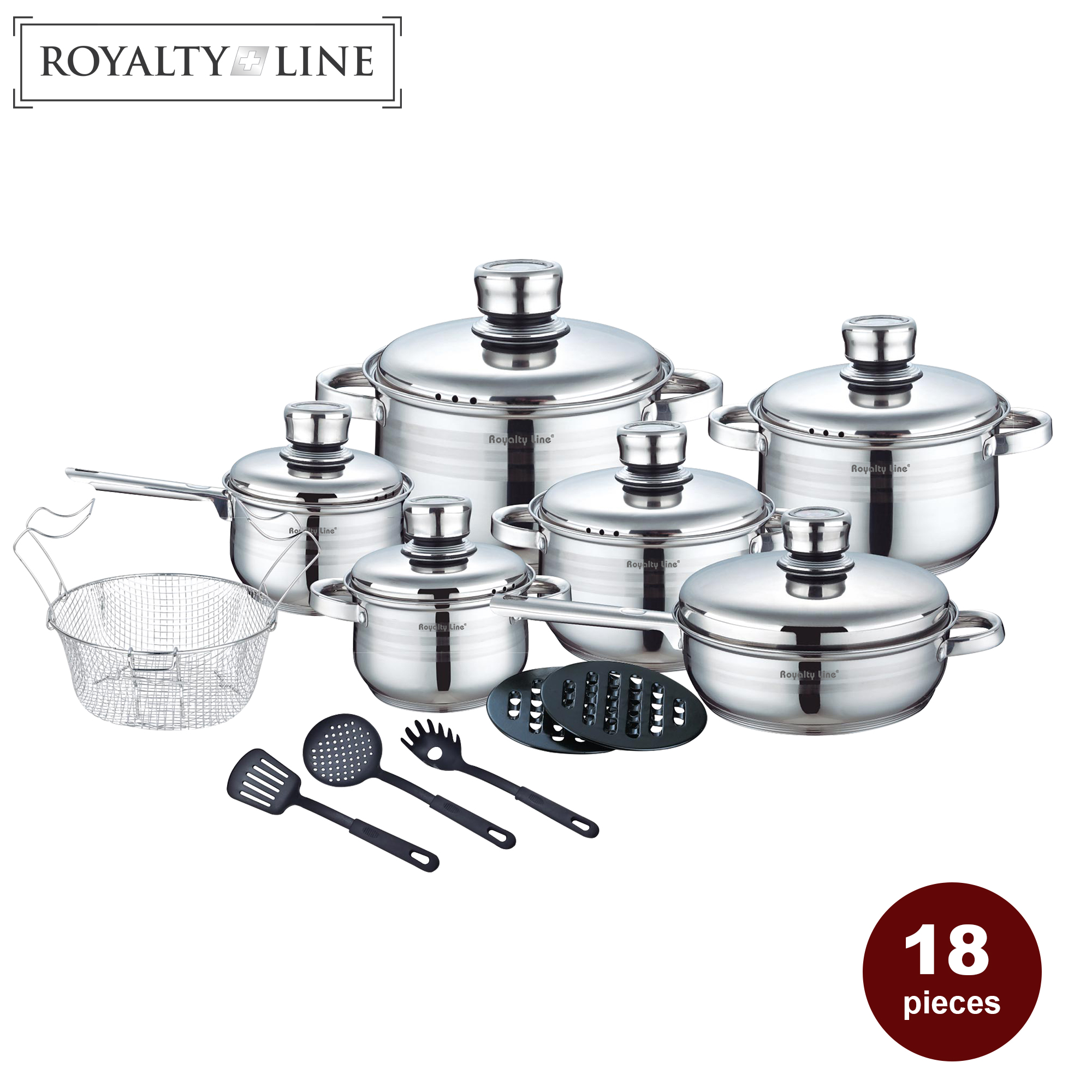 Royalty Line RL-1802; Pentolame in acciaio inox, Utensili da cucina, 18 pezzi