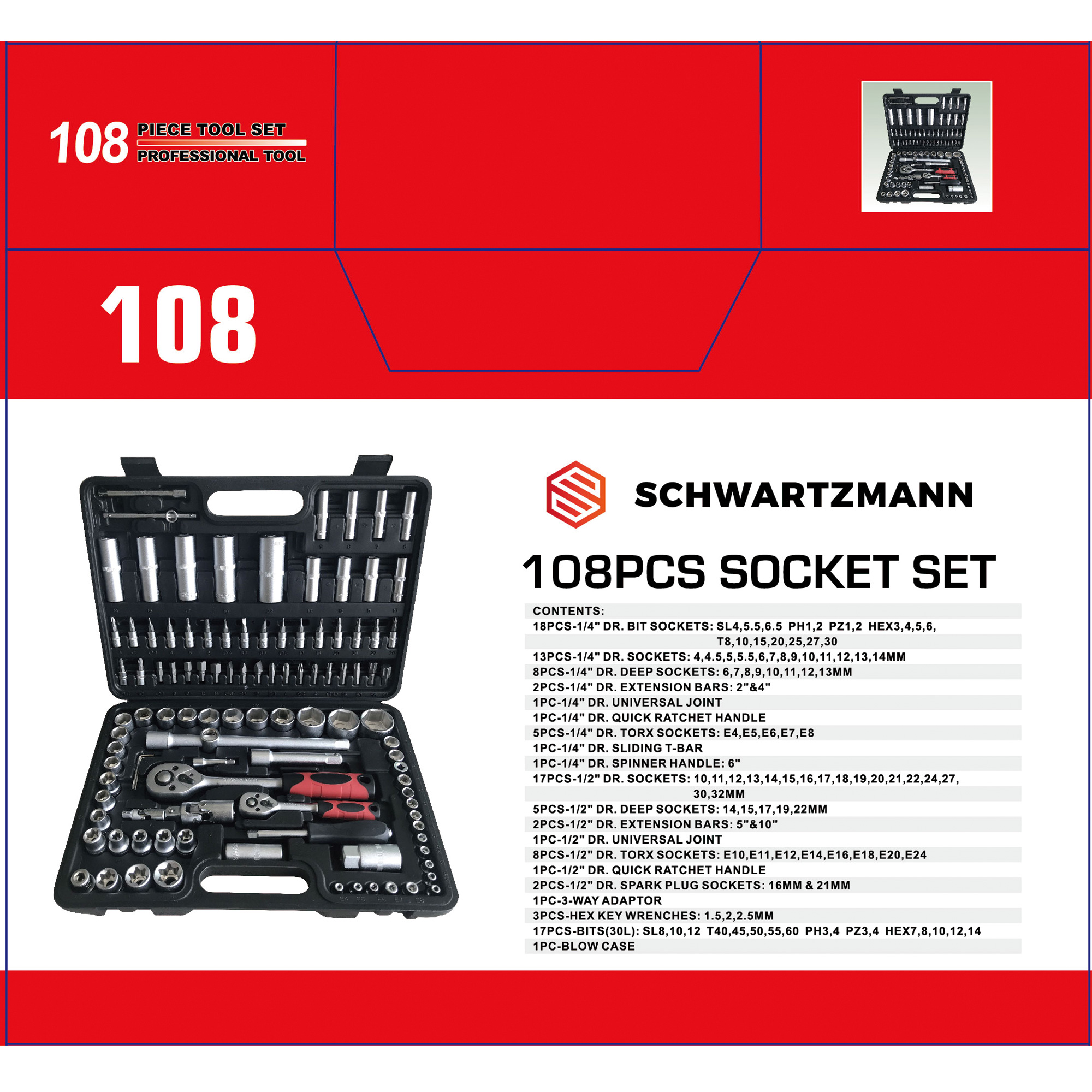 Schwartzman Ensemble d'outils à main de 108 pièces