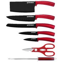 Herzberg Set di coltelli da 8 pezzi con supporto in acrilico - Rosso