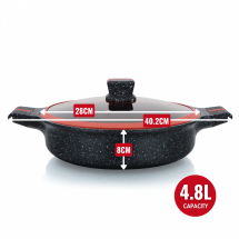 Herzberg HG-RSSLW28: Granite-Coated Shallow Casserole with Glass Lid - 28cm