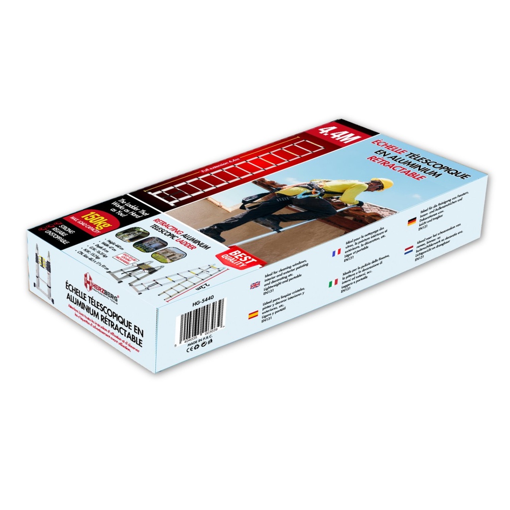 Herzberg HG-5440: Retracting Aluminum Telescopic Ladder - 4.4M