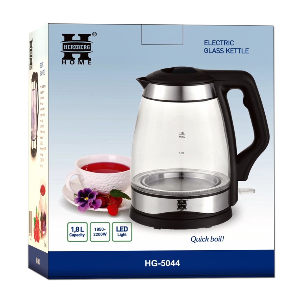 Herzberg HG-5044; Electric kettle with glass 1.8L