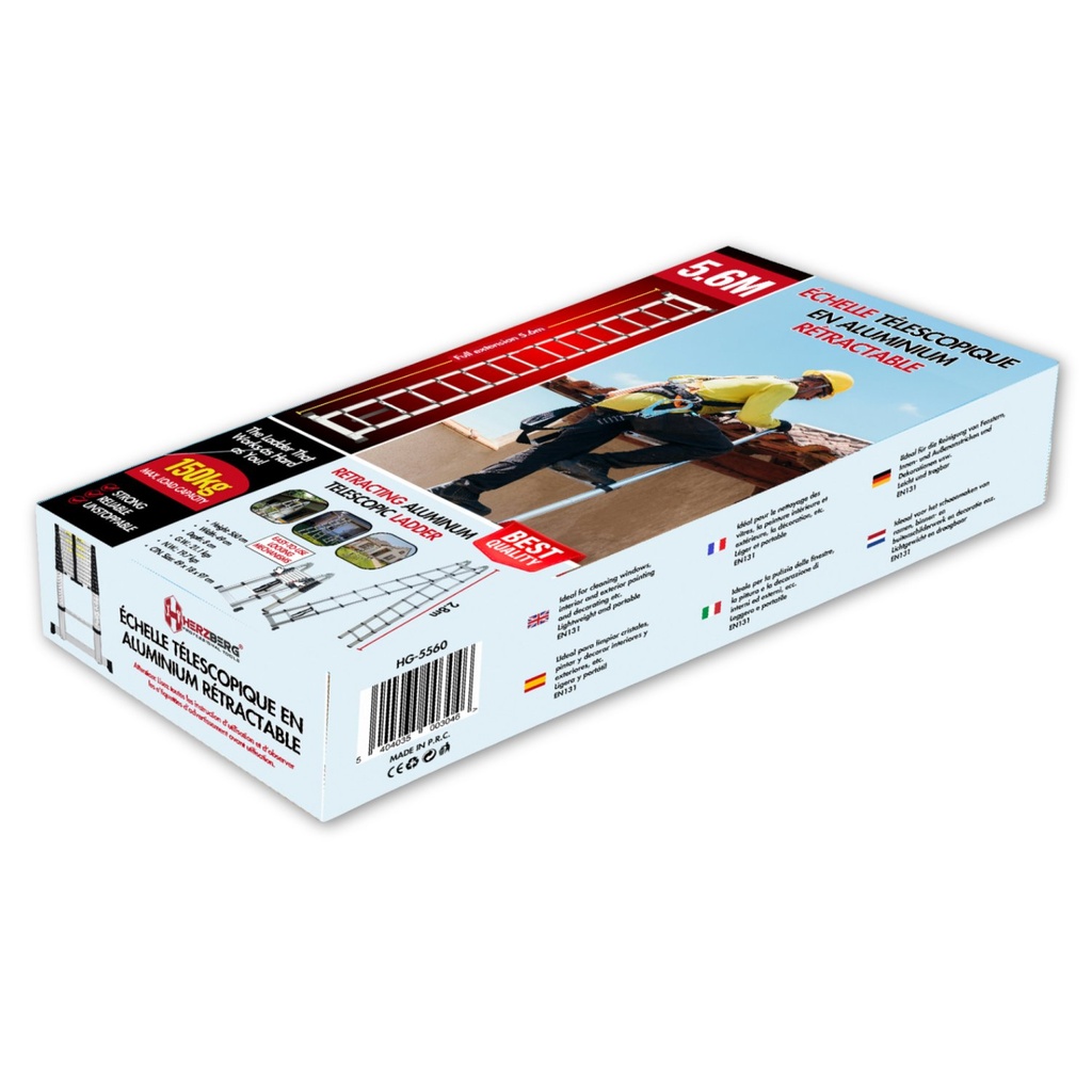 Herzberg HG-5560: Retracting Aluminum Telescopic Ladder - 5.60M