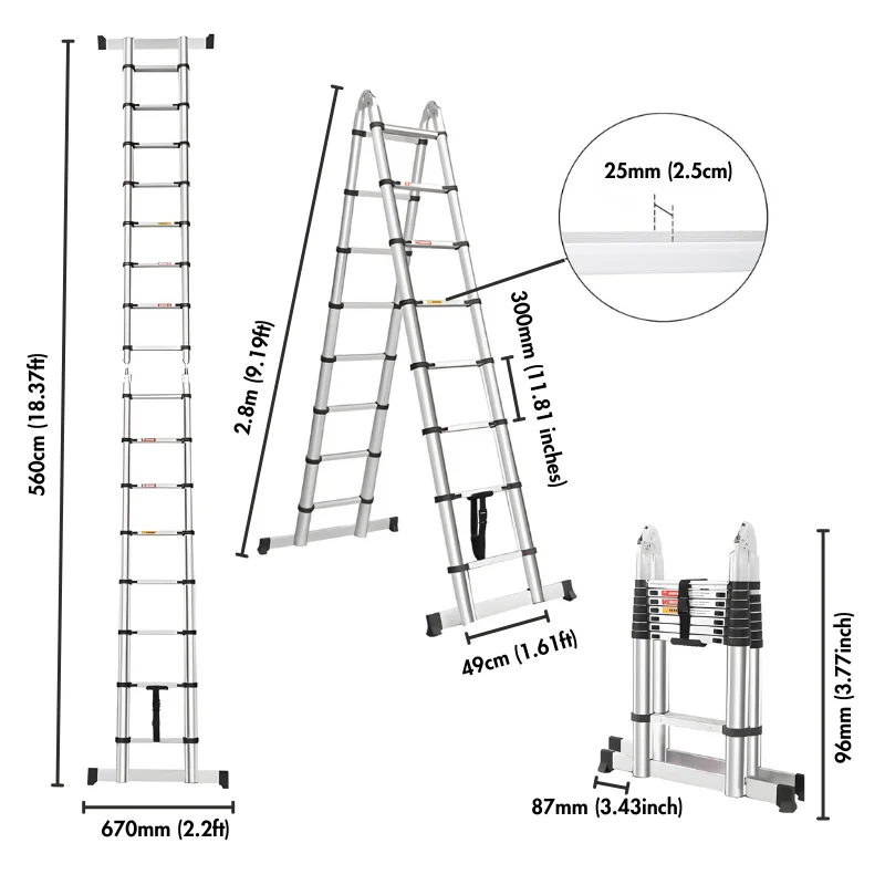 Herzberg HG-5560: Retracting Aluminum Telescopic Ladder - 5.60M