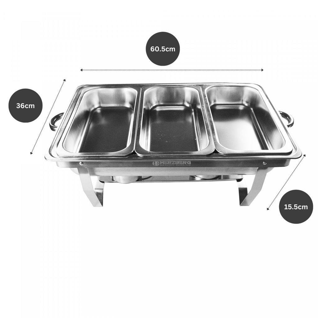 Herzberg HG-8022-3: Stainless Steel Chafing Dish - 3 Pieces 1/3rd Food Pan