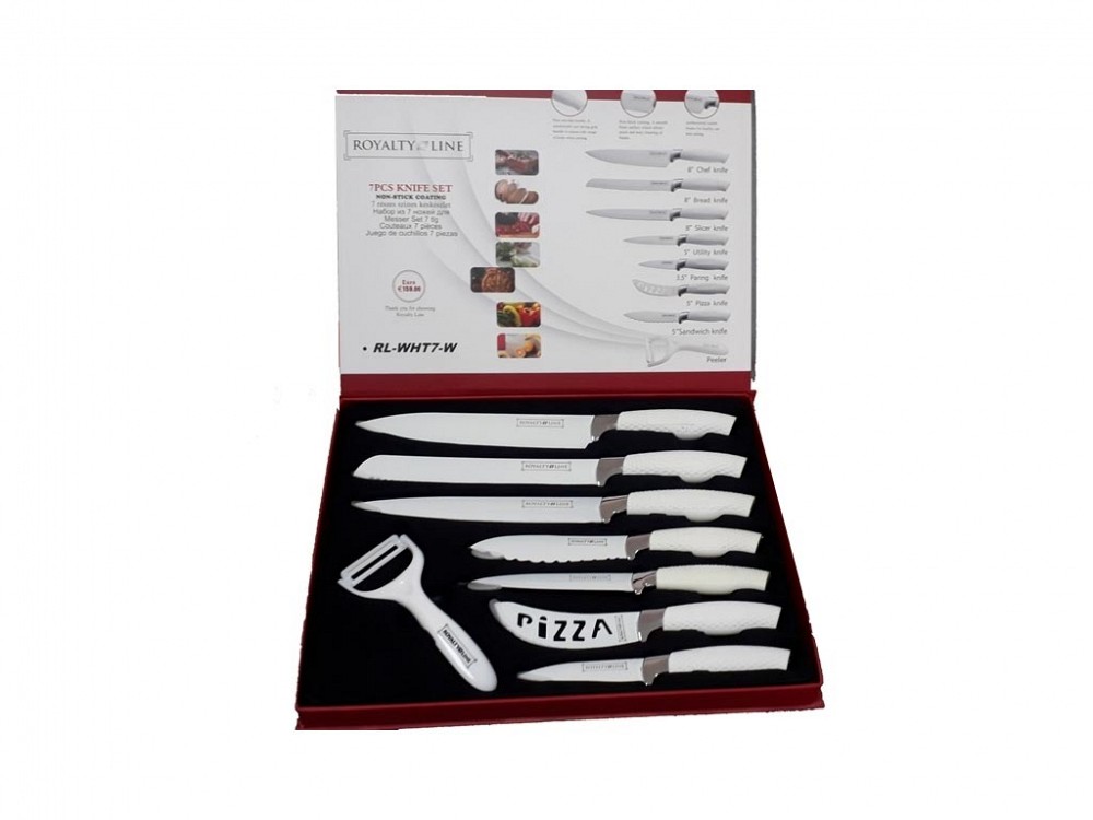 Royalty Line RL-WHT7-W: 7 Pieces of Non-Stick Coating Knives Set w/ Peeler-White