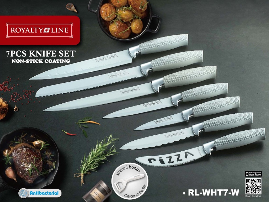 Royalty Line RL-WHT7-W: 7 Pieces of Non-Stick Coating Knives Set w/ Peeler-White