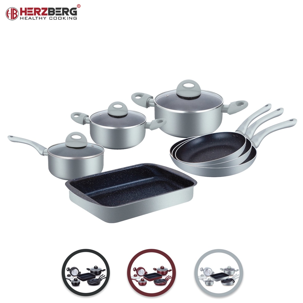 Herzberg HG-9016SL 10 Pieces Marble Coated Cookware Set Silver