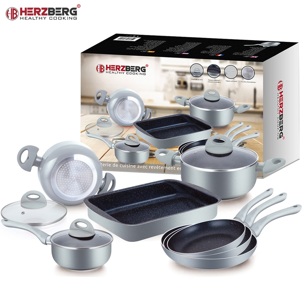 Herzberg HG-9016SL 10 Pieces Marble Coated Cookware Set Silver