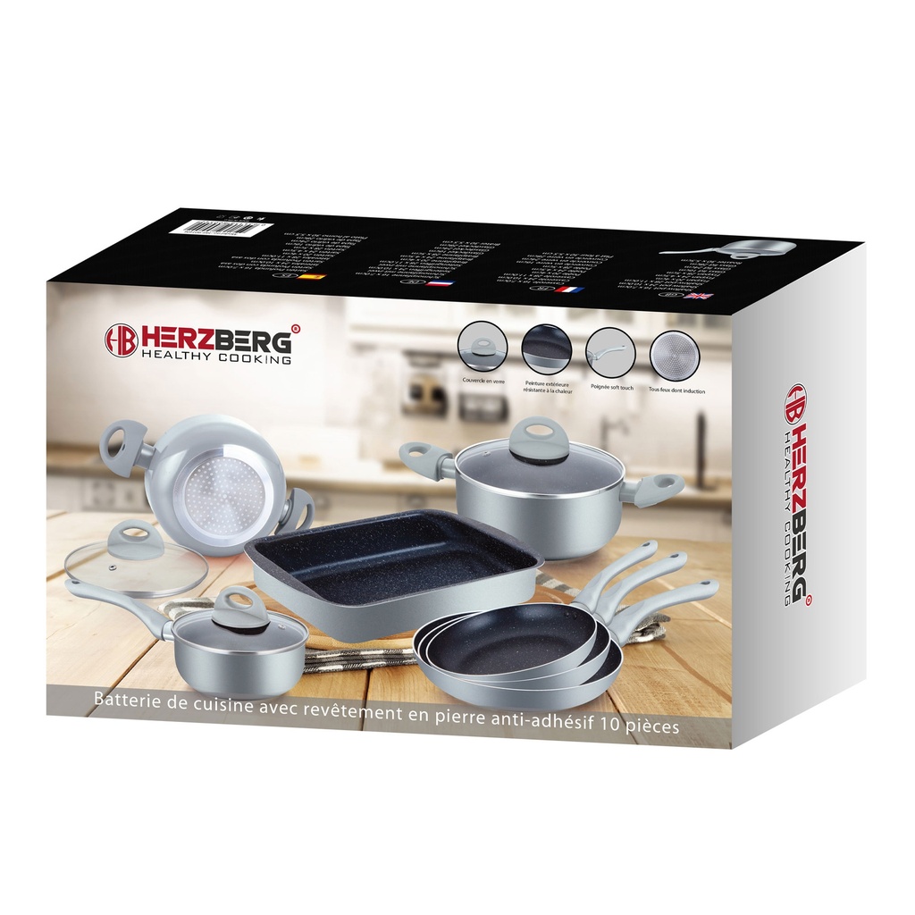 Herzberg HG-9016SL 10 Pieces Marble Coated Cookware Set Silver