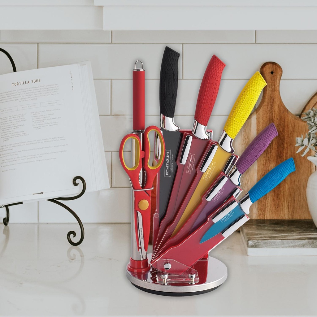 Royalty Line RL-COL8-W: 8 Pieces Rainbow  Ceramic Knife Set with Rotating Holder Stand