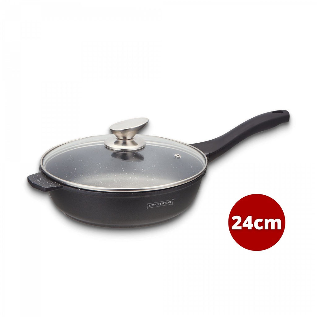 Royalty Line RL-BDF24-M: 24cm Marble Coated Cooking Pan w/ Glass Lid