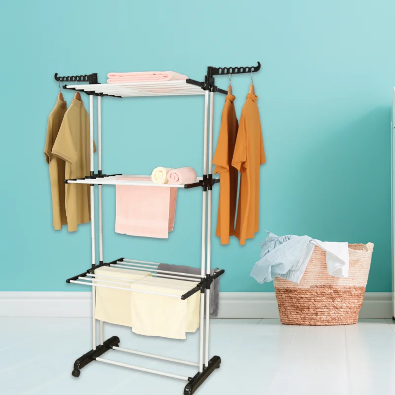 Herzberg HG-8034BW: Moving Clothes Rack - Black Plastic with White Tubes