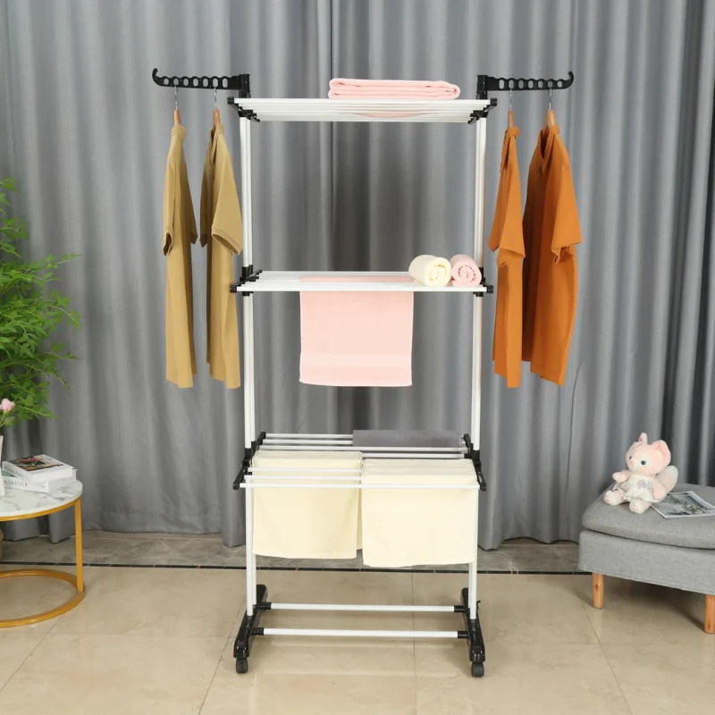 Herzberg HG-8034BW: Moving Clothes Rack - Black Plastic with White Tubes