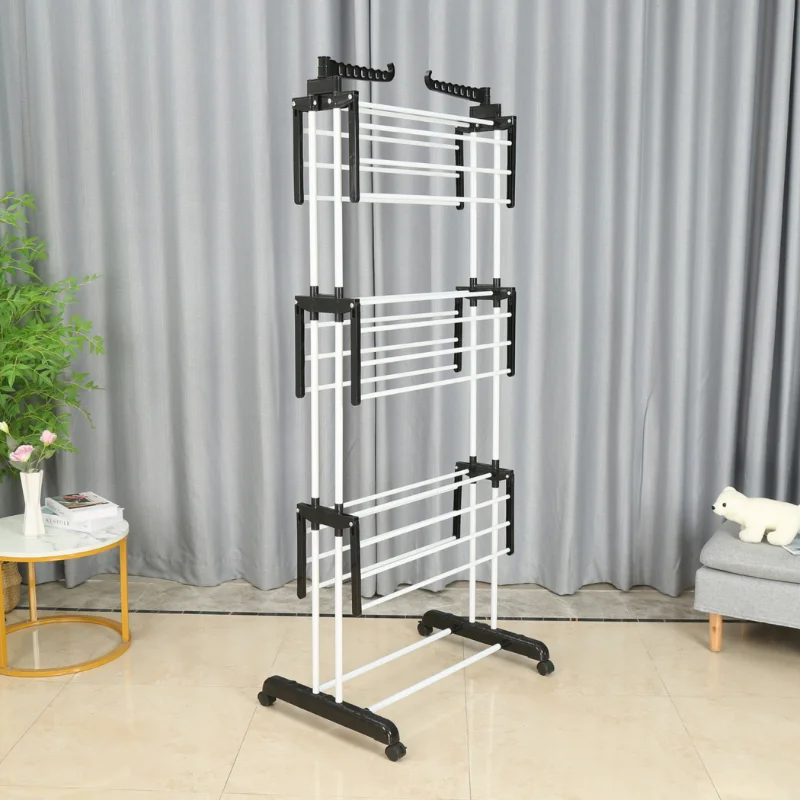 Herzberg HG-8034BW: Moving Clothes Rack - Black Plastic with White Tubes