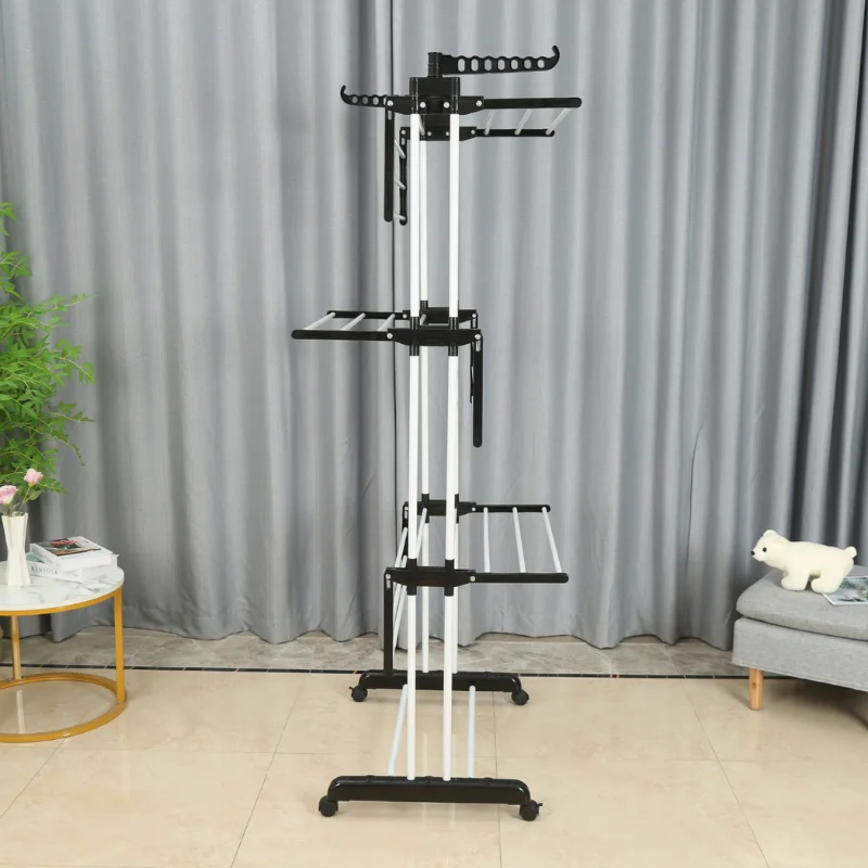 Herzberg HG-8034BW: Moving Clothes Rack - Black Plastic with White Tubes