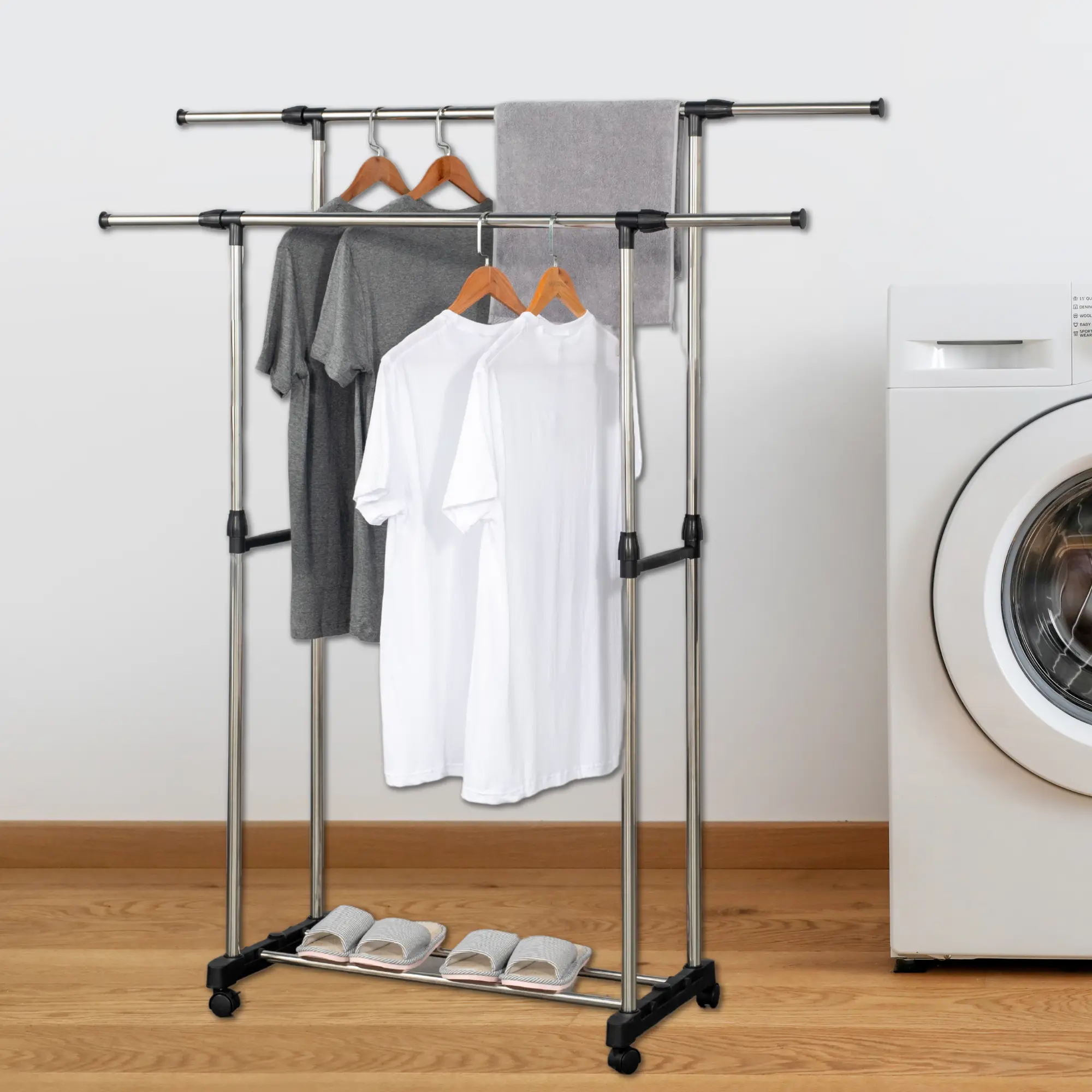 Herzberg HG-03251: Adjustable Double Rod Rolling Clothing Garment Rack