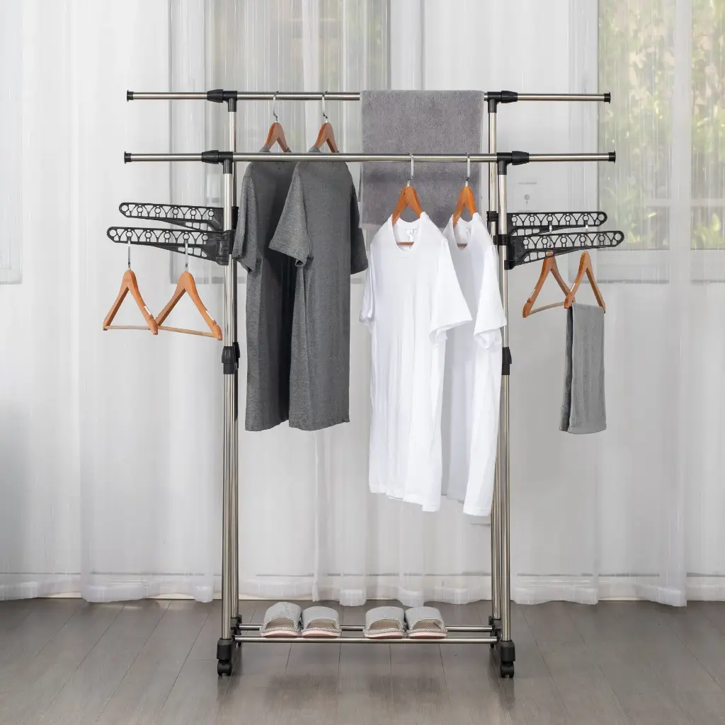 Herzberg HG-03275: Adjustable Double Rod Rolling Clothing Garment Rack with Hanging Wing