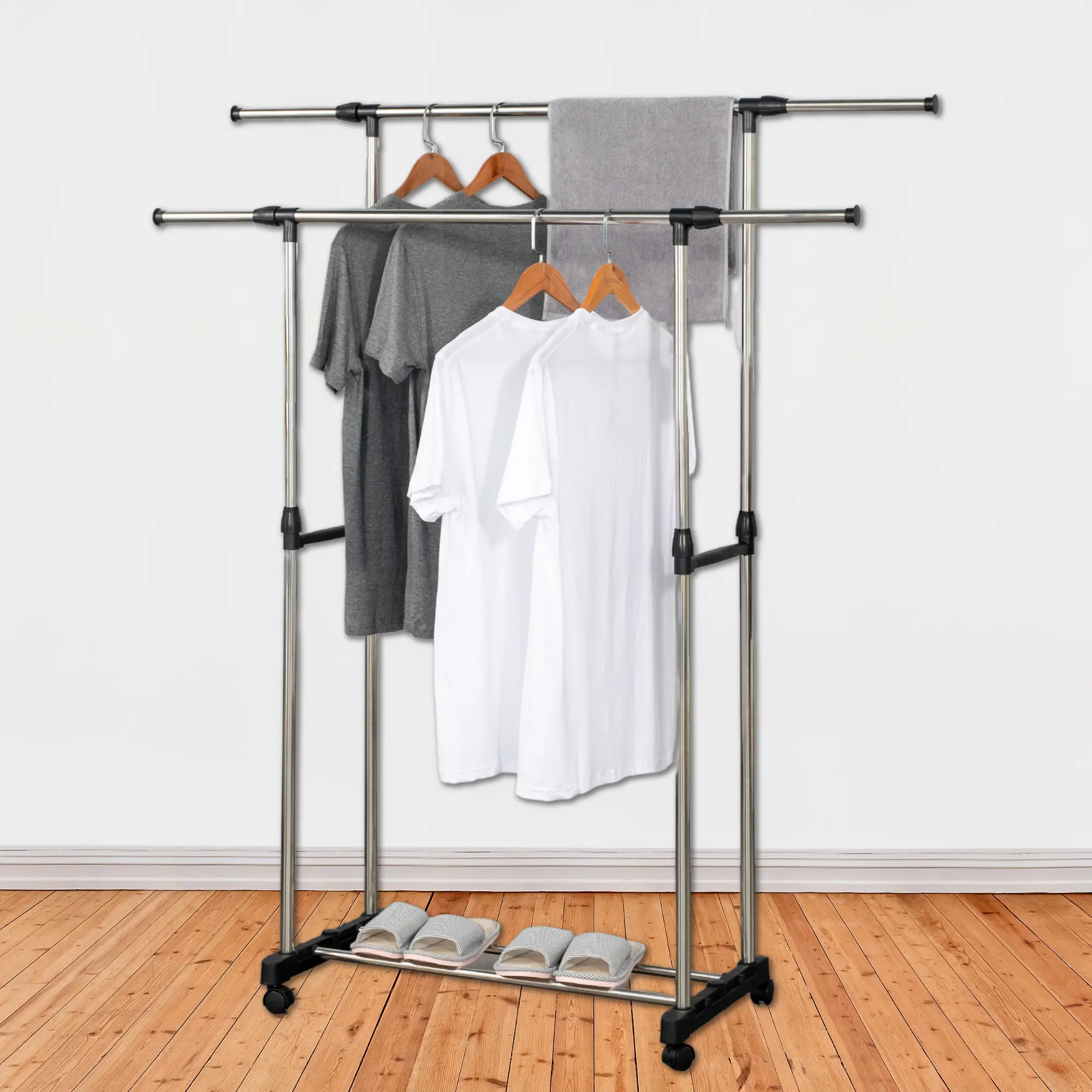 Herzberg HG-03251: Adjustable Double Rod Rolling Clothing Garment Rack