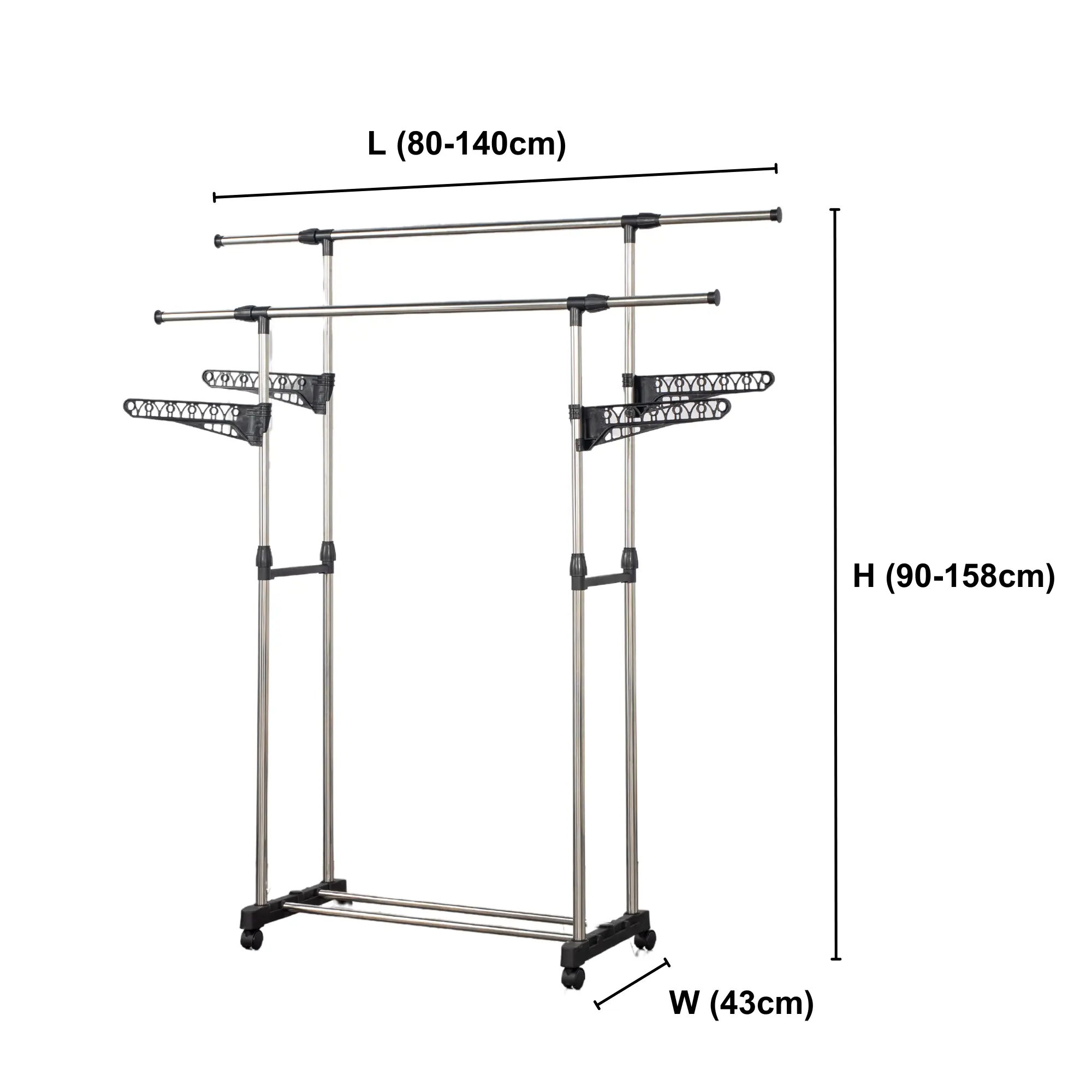 Herzberg HG-03275: Adjustable Double Rod Rolling Clothing Garment Rack with Hanging Wing
