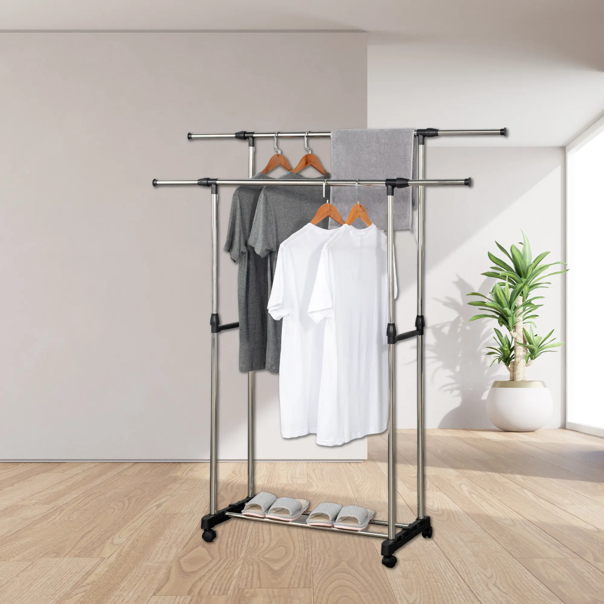 Herzberg HG-03251: Adjustable Double Rod Rolling Clothing Garment Rack