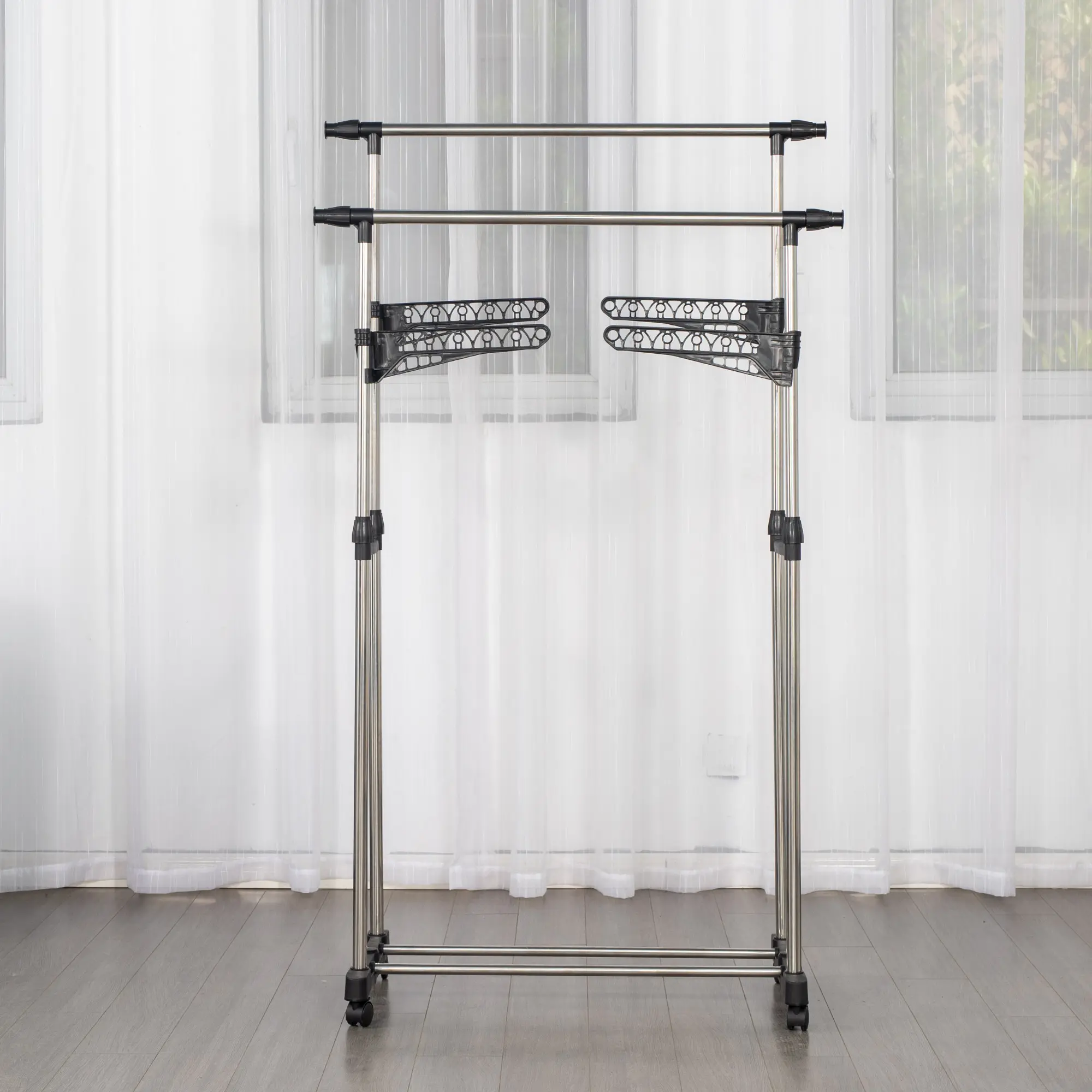 Herzberg HG-03275: Adjustable Double Rod Rolling Clothing Garment Rack with Hanging Wing