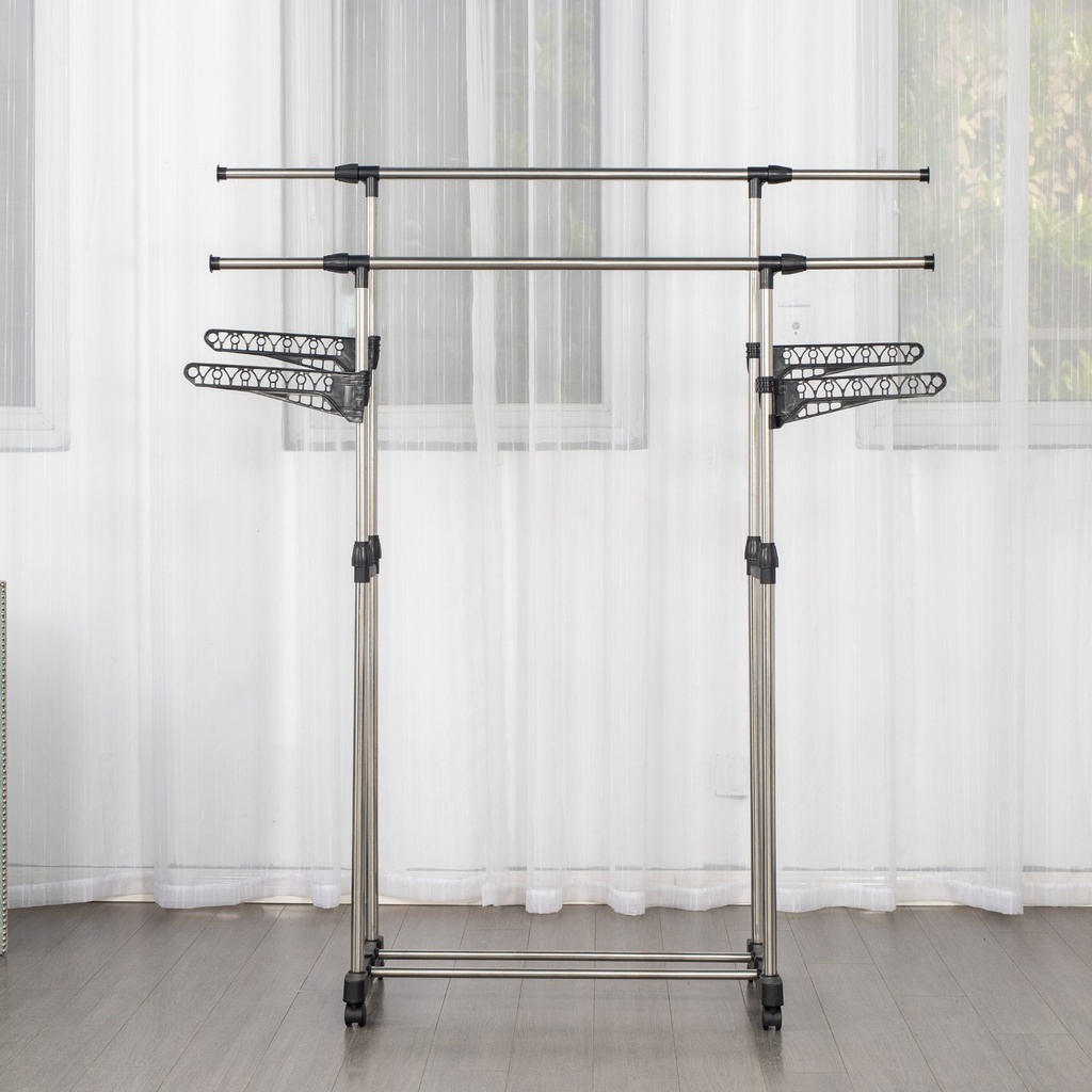 Herzberg HG-03275: Adjustable Double Rod Rolling Clothing Garment Rack with Hanging Wing