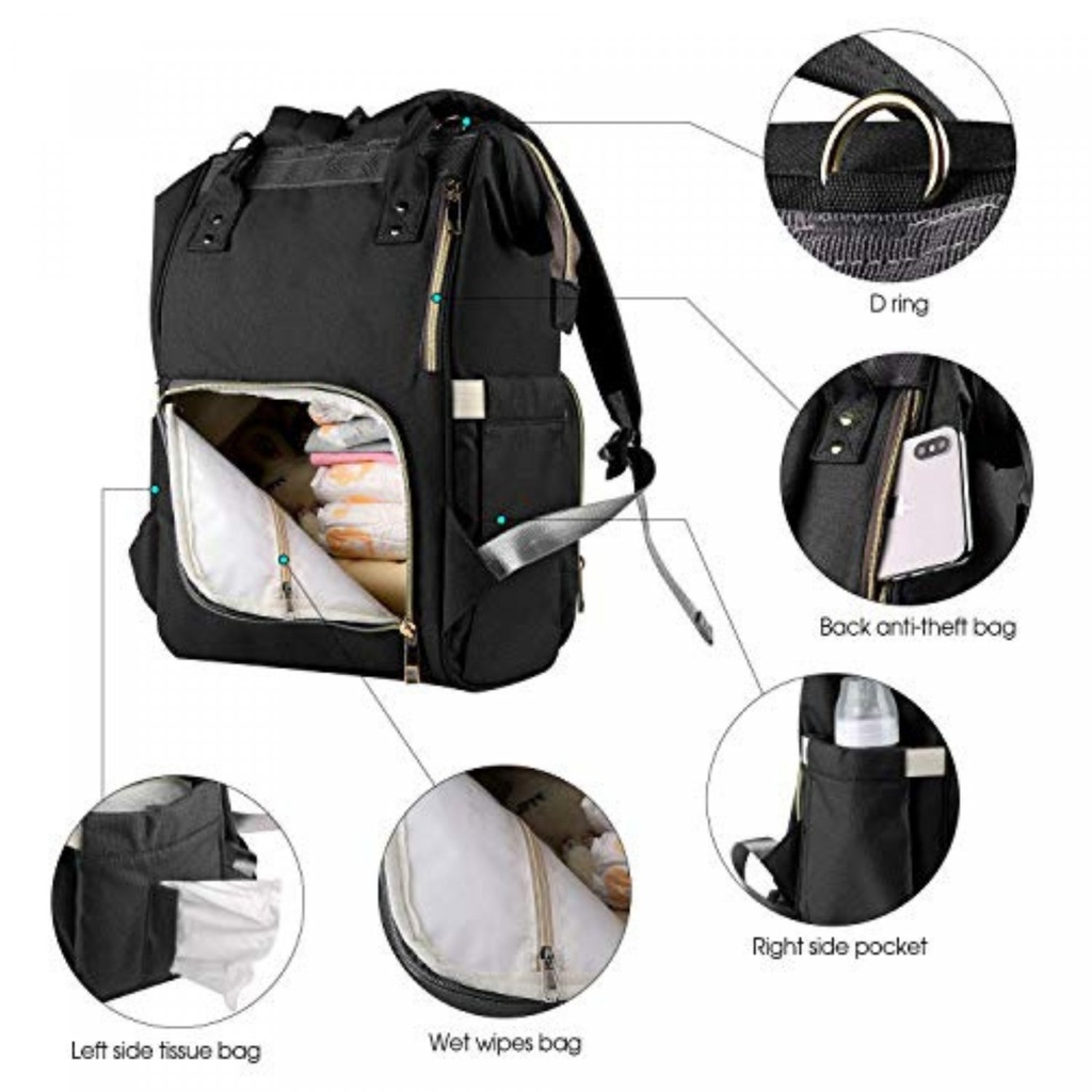 Herzberg HG-03190 Multifunction Mommy Diaper and Baby Bottle Bag - Black