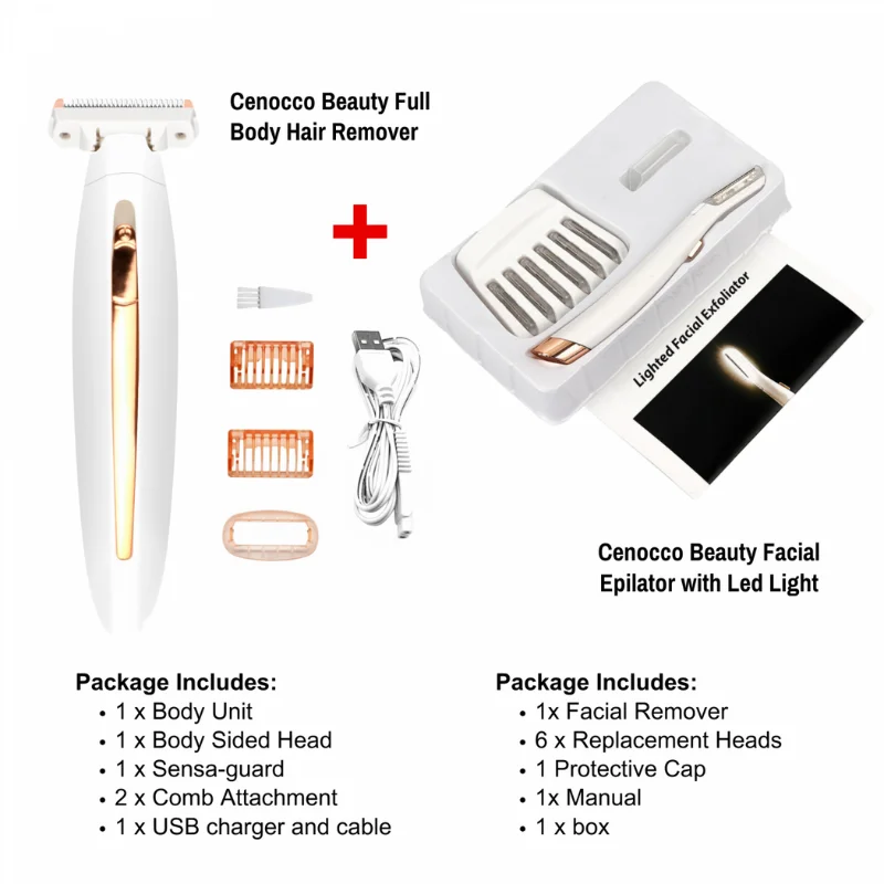 Cenocco Beauty SETCC9087/9086: 2 in 1  Full Body Hair Remover + Facial Epilator with LED Combo Deal