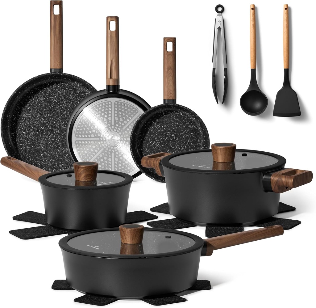 Just Perfecto JL-111: Juego de utensilios de cocina de granito de 15 piezas - Negro