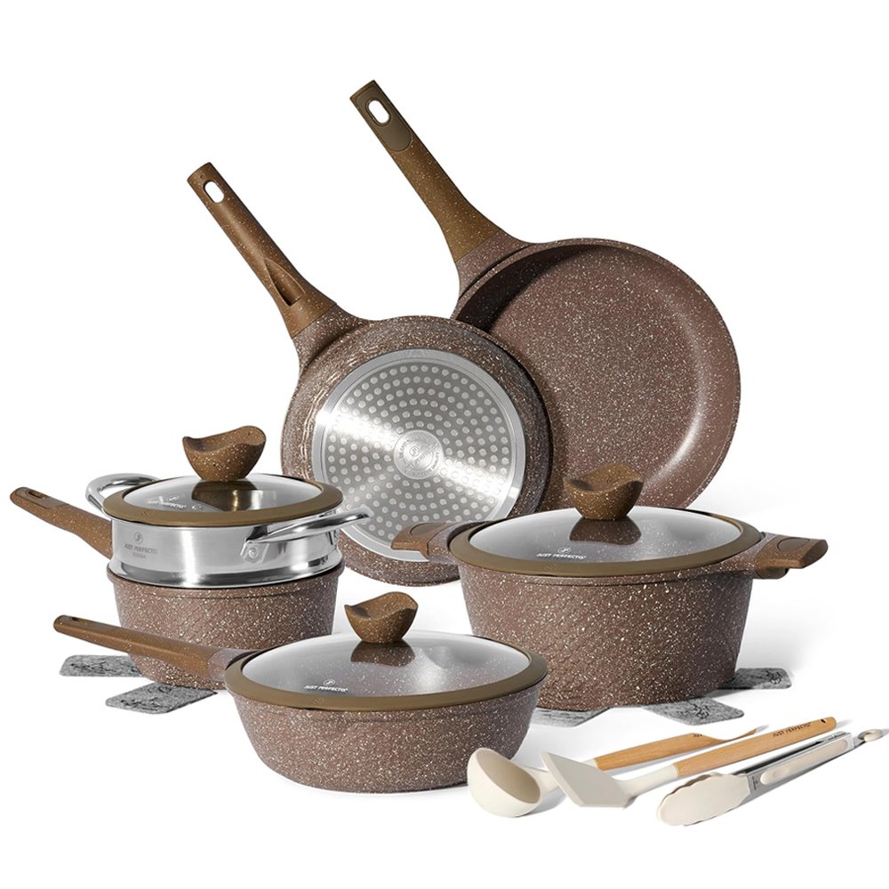 Just Perfecto JL-26: 14-teiliges Granit-Kochgeschirr-Set – Braun