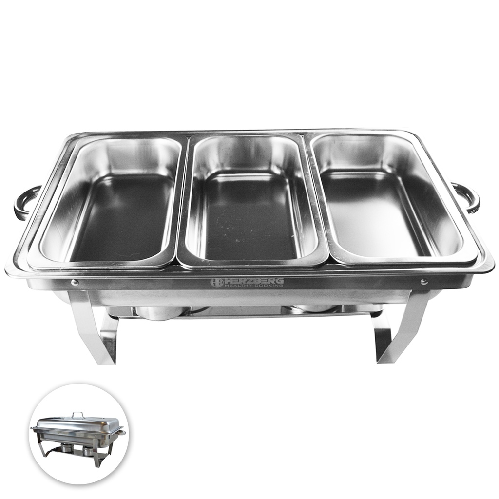 Herzberg HG-8022-3: Edelstahl-Chafing-Dish – 3-teilig, Speisebehälter in 1/3-Größe