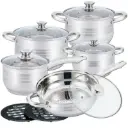 Herzberg HG-1242: Juego de utensilios de cocina de acero inoxidable de 12 piezas con tapas de vidrio y platos calientes