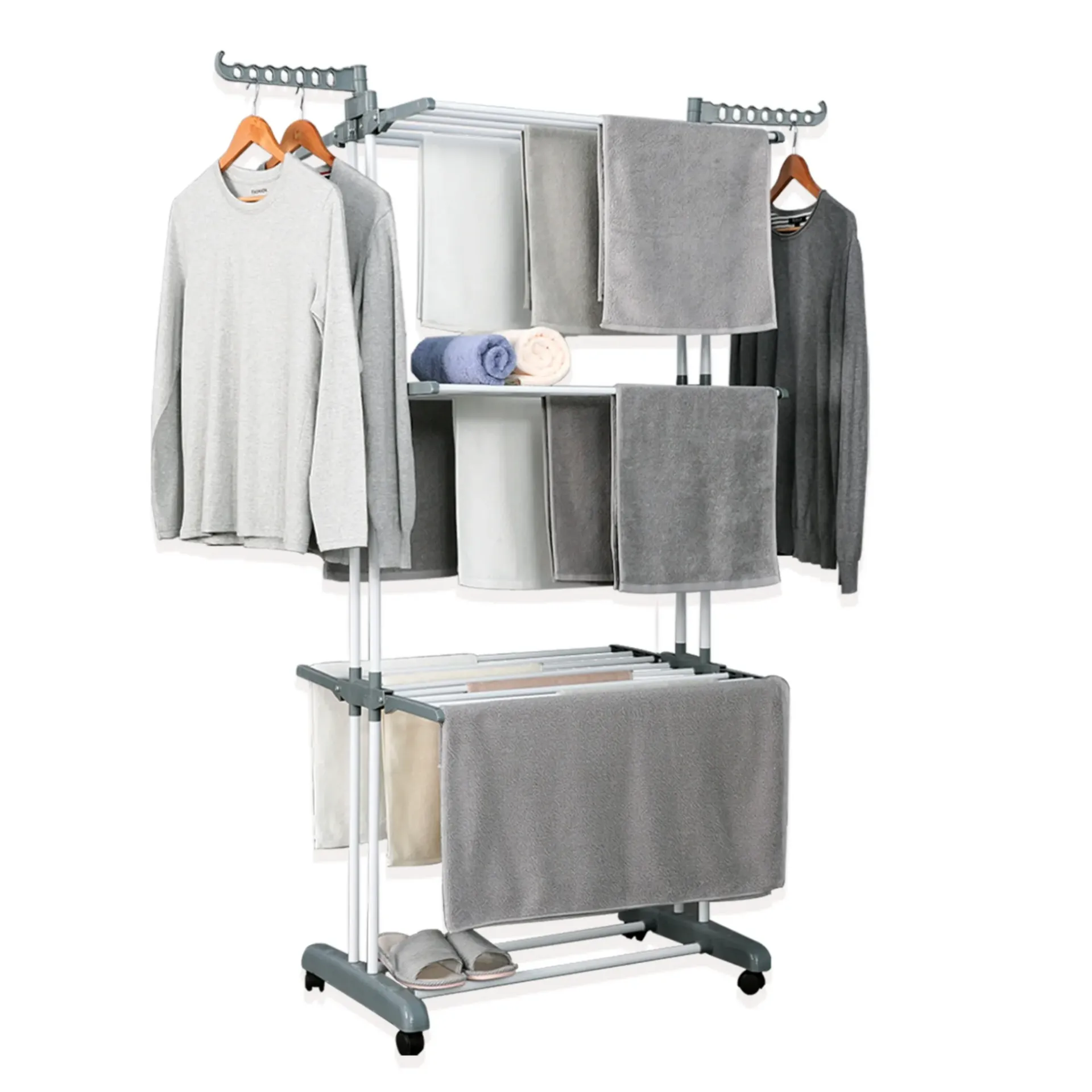 Herzberg HG-8034GRY: Grey Multi-Functional Foldable & Movable Clothes Drying & Storage Rack – 4-Tier with Wheels
