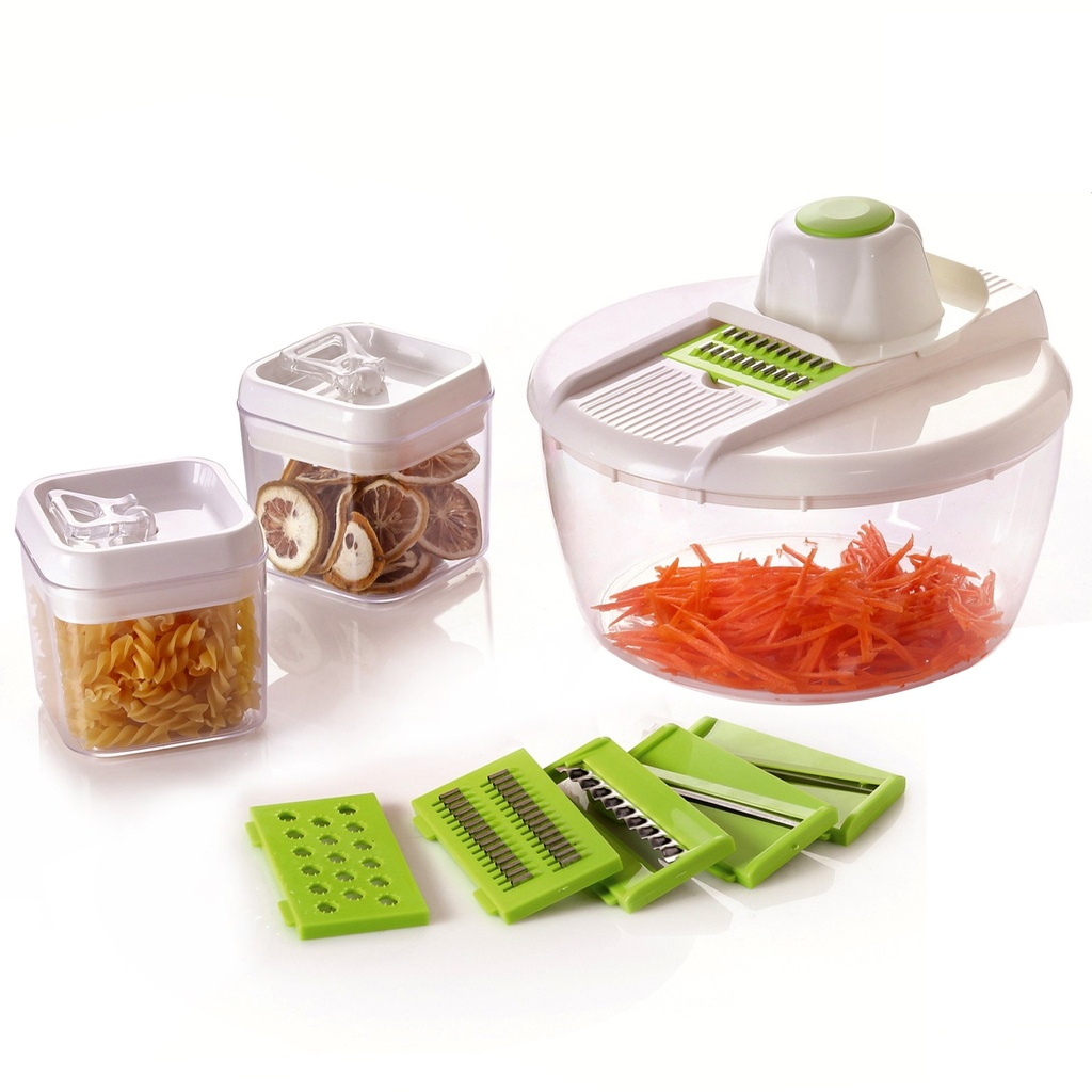 Herzberg HG-8032 : mandoline à légumes avec bol et 2 récipients de conservation