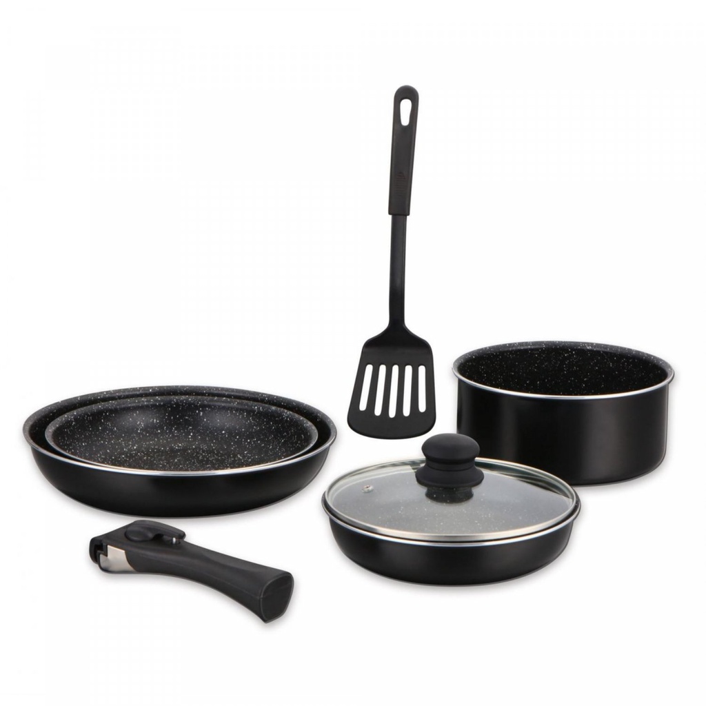 Herzberg HG-8090-7BK: 7-teiliges Kochgeschirr-Set mit Marmorbeschichtung