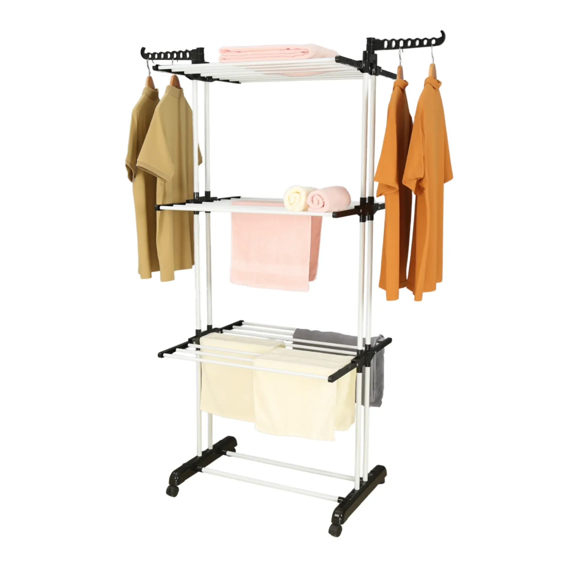Herzberg HG-8034BW: Black & White Multi-Functional Foldable & Movable Clothes Drying & Storage Rack – 4-Tier with Wheels