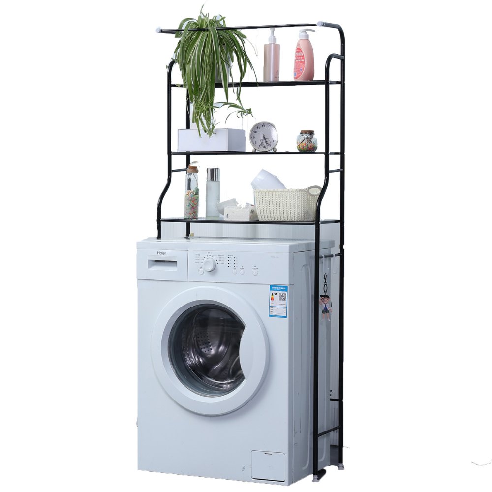 Herzberg HG-03299 : étagère noire à 3 niveaux pour lave-linge avec barre de suspension