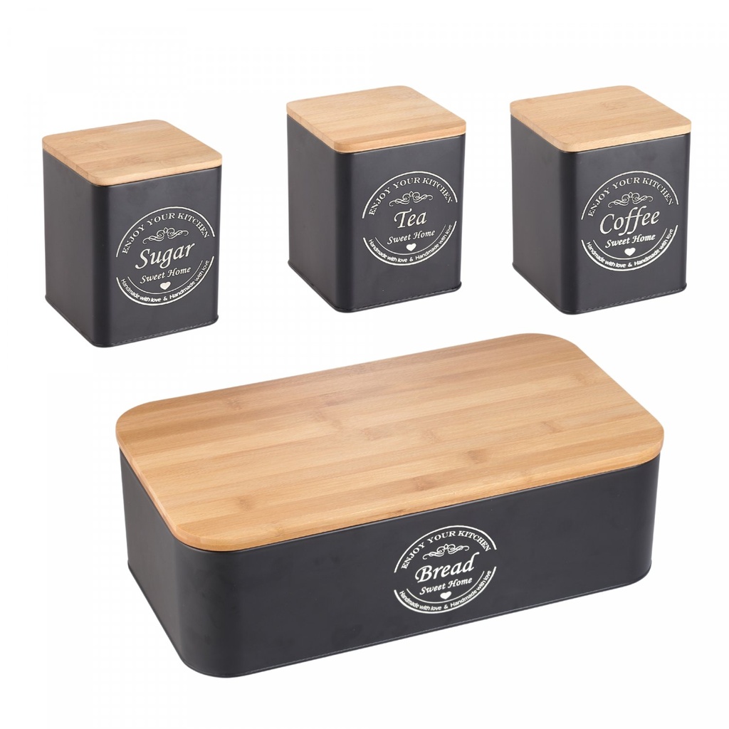 Herzberg HG-04401 : set de boîte à pain 4 pièces avec boîtes de rangement, noir mat