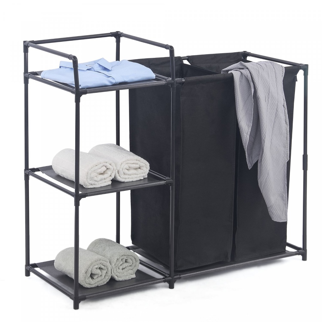 Herzberg HG-04531 : trieur de linge à 2 sacs amovibles avec étagère à 3 niveaux