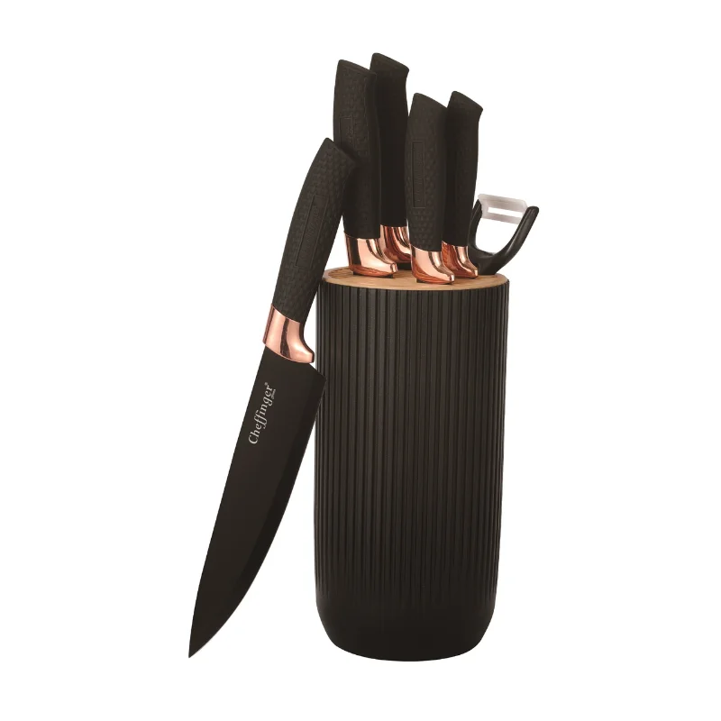 Cheffinger CF-KB01: 7 Pieces Knife Set - Black with Rose Gold Trim