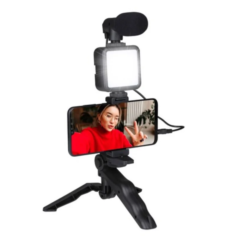 Grundig ED-38135 : kit studio selfie et vlog 3-en-1 avec éclairage, microphone et trépied