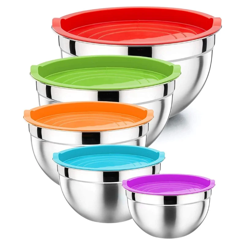 Herzberg HG-04074 : Bol à mélanger gigogne 5 pièces avec couvercle en plastique