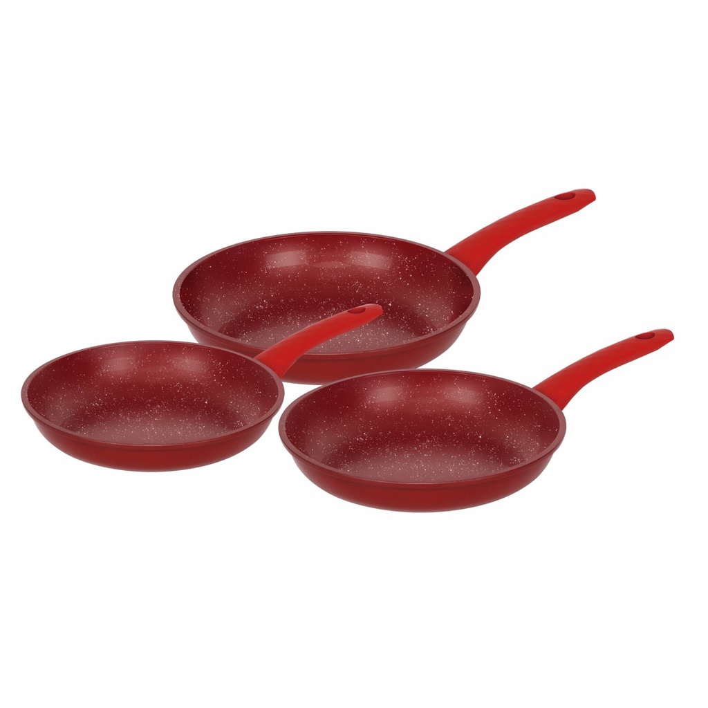 Herzberg HG-04807RED: 3-teiliges Set geschmiedeter, marmorbeschichteter Bratpfannen – Rot