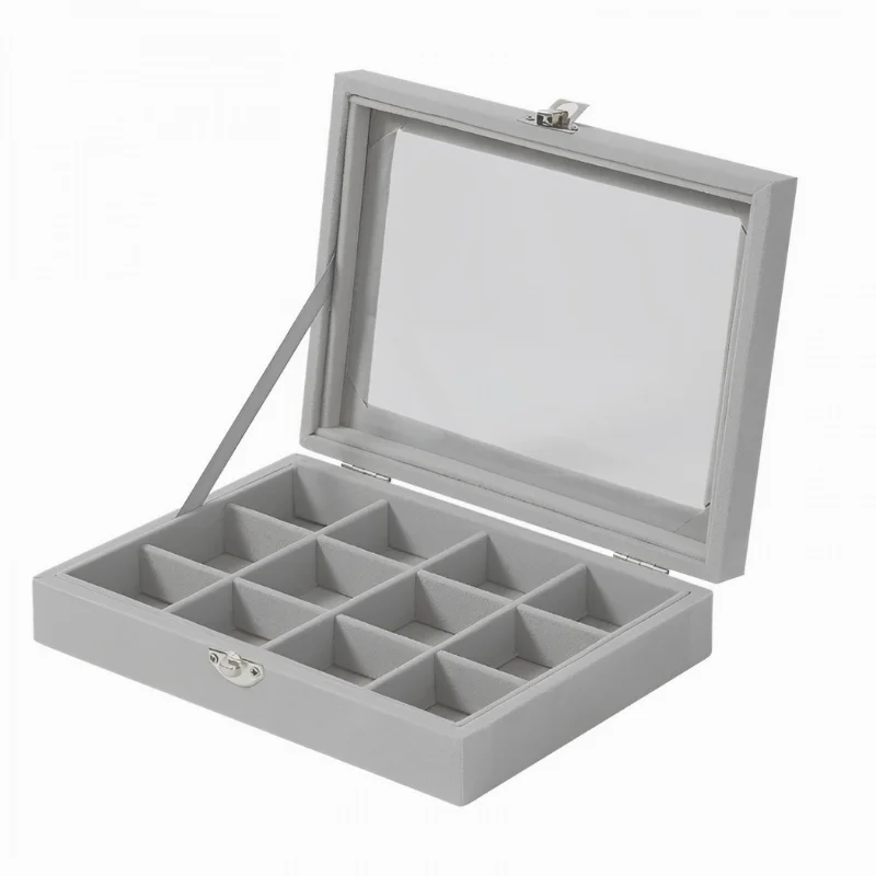 Herzberg HG-05309 : organiseur à bijoux avec couvercle en verre et 12 compartiments