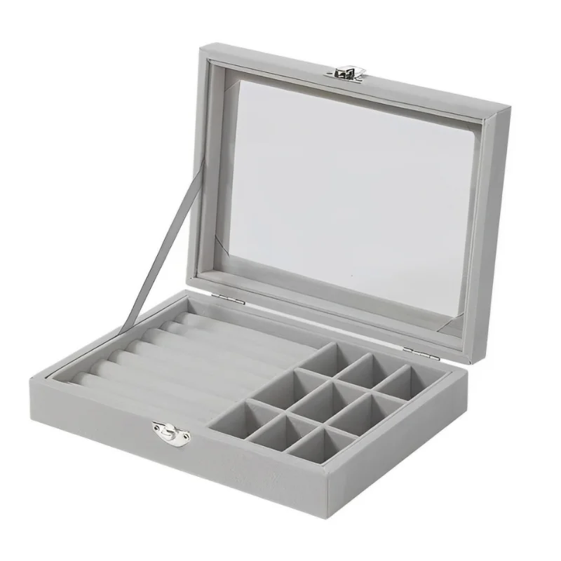 Herzberg HG-05361 : organiseur à bijoux en velours avec couvercle en verre, 9 compartiments et 7 emplacements pour bagues