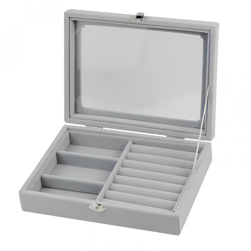 Herzberg HG-05330 : organiseur à bijoux en velours avec couvercle en verre, 3 compartiments et 7 fentes